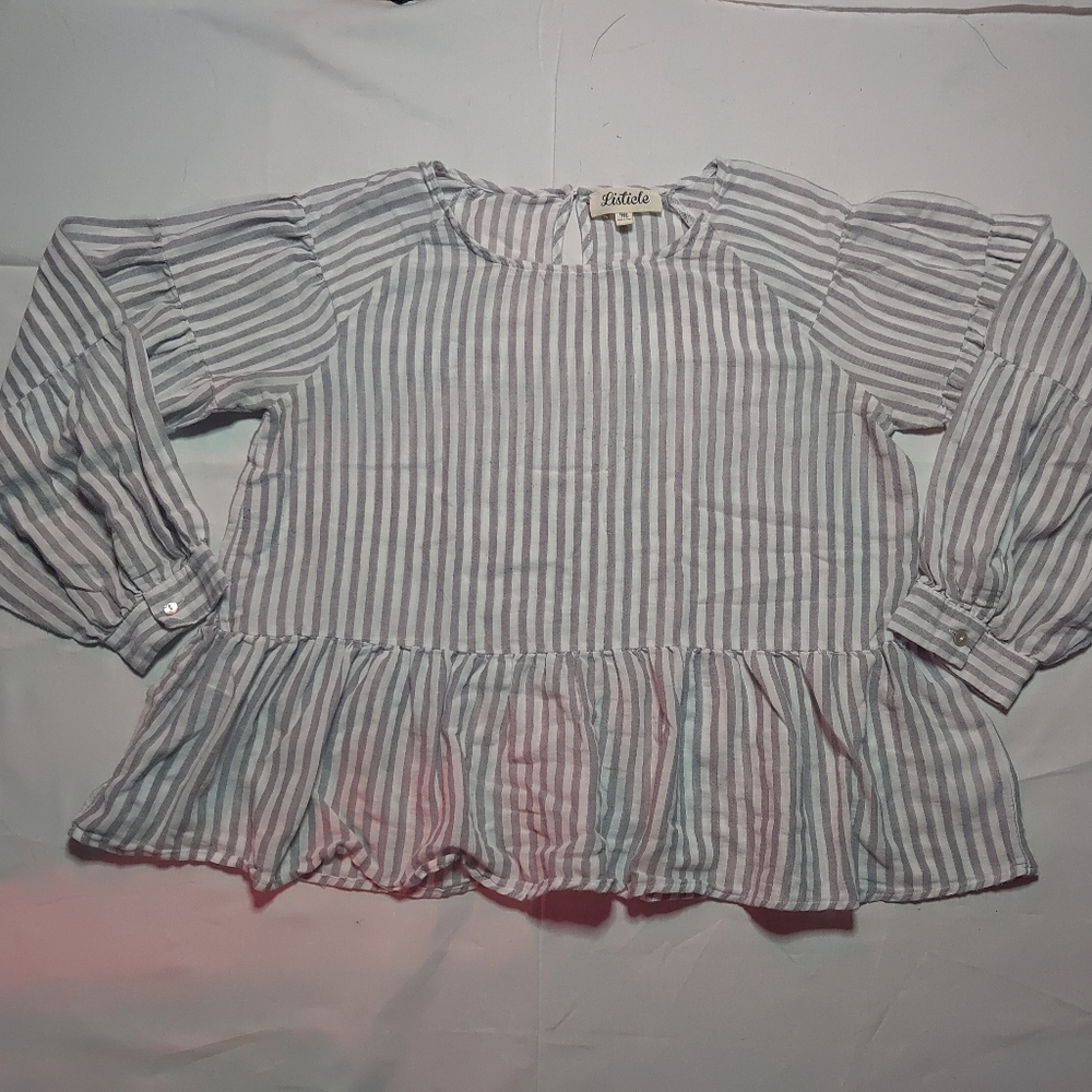 LISTICLE Blouse Women's Medium White Stripe Ruffle Shirt Long Balloon Sleeve Top